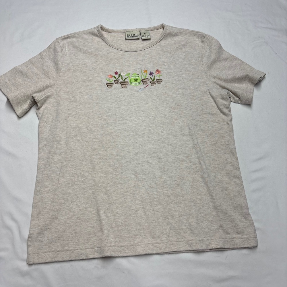 Vintage Classic Elements Shirt S Oatmeal Heather Embroidered Gardening Flowers